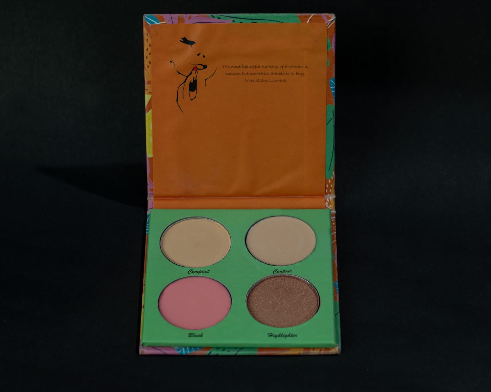 PNKT 4-in-1 Face Palette - Close-up swatches showing matte contour, matte blush, shimmer blush, and highlighter - Highly pigmented colors