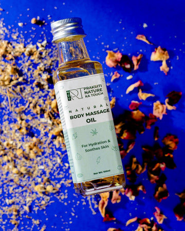 PNKT Natural Body Massage Oil - Glass bottle with ayurvedic blend on white background - 100ml