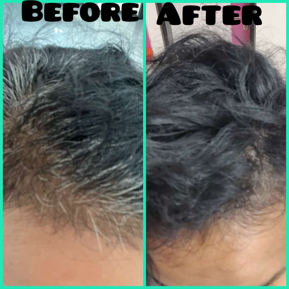 PNKT Natural Hair Dye - Before and after showing complete grey coverage with natural black color transformation