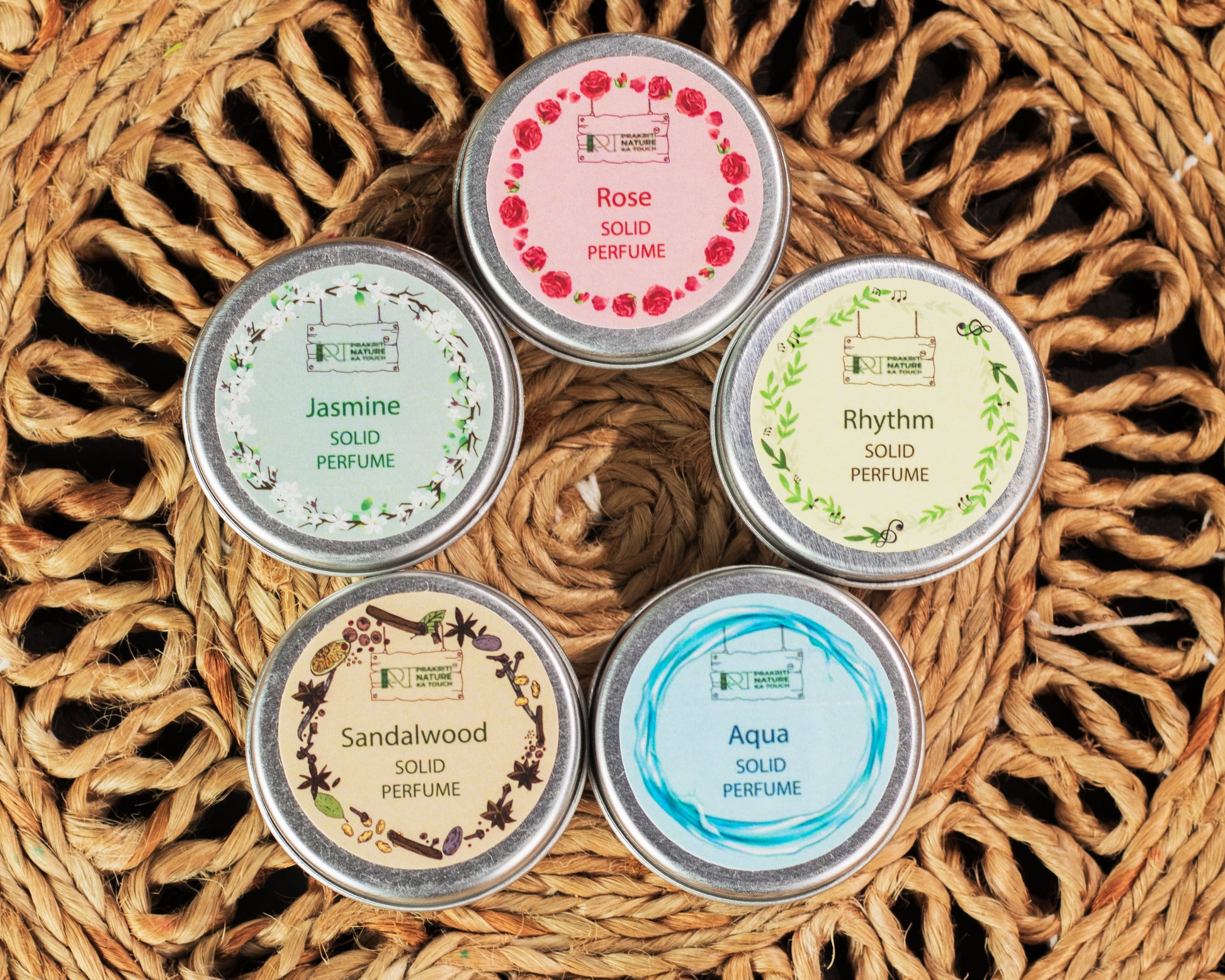 PNKT Natural Solid Perfume - Group photo showing all 5 scent variants in compact tins - Long-lasting natural fragrance